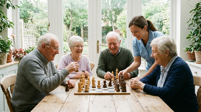 Eine kleine Gruppe von Senioren sitzt an einem großen Holztisch und spielt gemeinsam ein Brettspiel mit großen Holzfiguren. Sie lachen und wirken konzentriert. Eine Betreuungskraft steht unterstützend daneben. Helle, freundliche Raumatmosphäre mit großen Fenstern.
