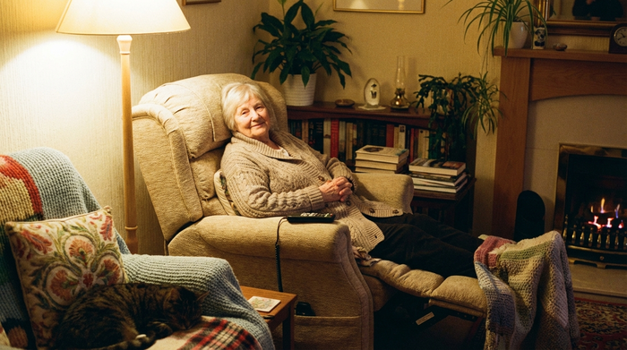 Eine entspannte ältere Dame ruht lächelnd in einem bequemen, elektrisch verstellbaren Ruhesessel. Der Raum ist in sanftes, warmes Licht getaucht, gemütliche Kissen und Decken sorgen für eine behagliche, ruhige Atmosphäre. Realistische, friedliche Szene.