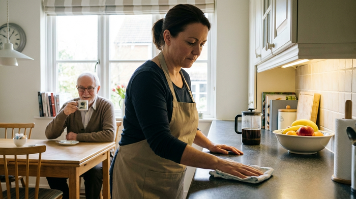 Eine engagierte Haushaltshilfe wischt mit einem sauberen Tuch sorgfältig die Arbeitsplatte in einer hellen Küche ab, während ein älterer Herr im Hintergrund entspannt eine Tasse Kaffee genießt. Authentische Alltagssituation, aufgeräumt und realistisch.