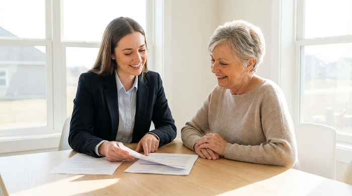 Zwei Frauen sitzen gemeinsam an einem hellen Holztisch und schauen sich lächelnd Dokumente an. Die jüngere Frau im professionellen Outfit erklärt der älteren Dame geduldig ein Formular. Helles Tageslicht, vertrauensvolle Stimmung, keine lesbaren Texte auf dem Papier.