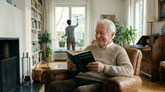 Ein gepflegter älterer Mann sitzt entspannt in einem bequemen Sessel und liest ein Buch, während im Hintergrund eine leicht unscharfe Person beim Fensterputzen zu sehen ist. Ruhige, sorgenfreie Atmosphäre in einem geschmackvollen Wohnzimmer.