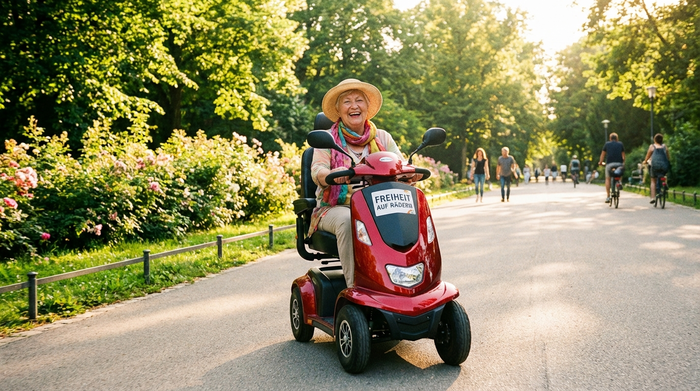 Eine ältere Dame fährt mit einem modernen, roten Elektromobil sicher auf einem gepflasterten Weg in einem sonnigen Park. Strahlender Sonnenschein, grüne Bäume im Hintergrund, ein glücklicher Gesichtsausdruck, der Unabhängigkeit und Lebensfreude ausstrahlt.