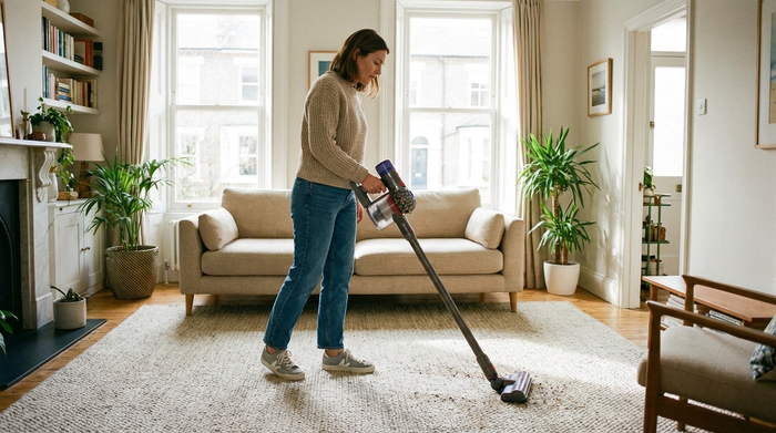 Eine Frau saugt mit einem modernen Staubsauger den Teppichboden in einem aufgeräumten, hellen Wohnzimmer. Sie trägt bequeme Alltagskleidung. Die Szene wirkt alltäglich und authentisch.