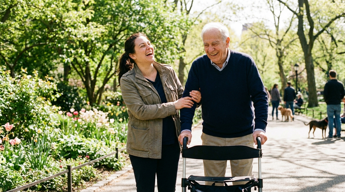 Eine engagierte Alltagsbegleiterin spaziert gemeinsam mit einem Senioren, der sich auf einen Rollator stützt, durch einen grünen Park an einem sonnigen Tag. Beide lachen und genießen die frische Luft.