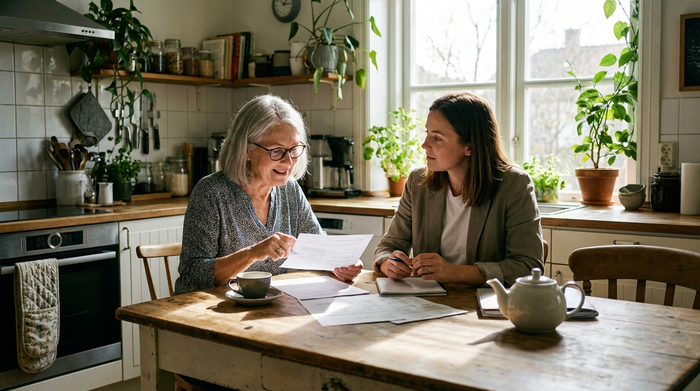Eine ältere Dame sitzt am Küchentisch und bespricht entspannt Dokumente mit einer Beraterin. Auf dem Tisch liegen Papiere und eine Kaffeetasse. Helles Tageslicht fällt durch das Fenster.