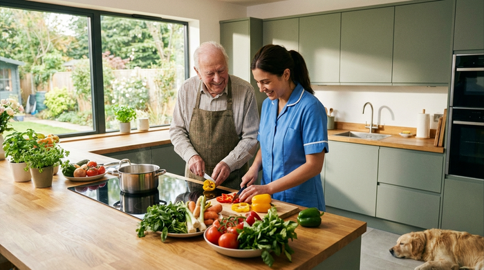 Ein gepflegter älterer Herr kocht zusammen mit einer freundlichen Betreuungskraft frisches Gemüse in einer modernen Küche. Beide schneiden Paprika und lächeln sich zu, umgeben von frischen Zutaten.
