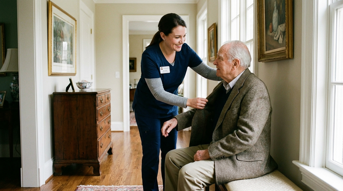 Eine professionelle Betreuerin hilft einem älteren Herrn liebevoll beim Anziehen einer Jacke im Flur eines gepflegten Hauses.
