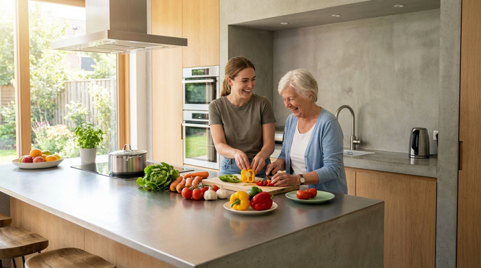 Eine junge Pflegekraft und eine Seniorin bereiten gemeinsam in einer modernen Küche frisches Gemüse für das Mittagessen vor.