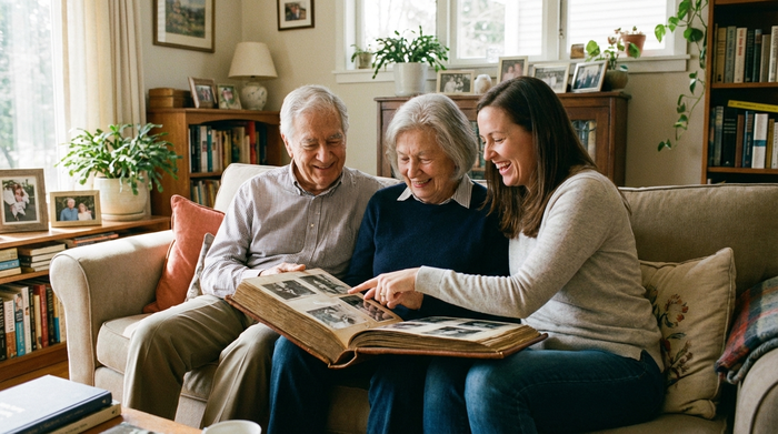 Ein älteres Ehepaar sitzt entspannt auf dem Sofa und schaut sich gemeinsam mit der Tochter glücklich ein Fotoalbum an.