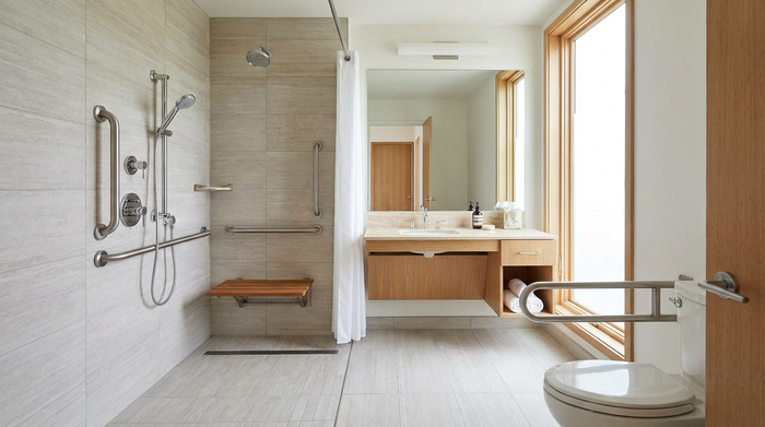 Ein modernes, helles und barrierefreies Badezimmer mit einer bodengleichen Dusche und stabilen Haltegriffen an den Wänden.