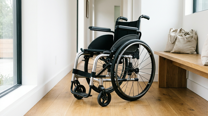 Ein hochwertiger, moderner Leichtgewichtsrollstuhl aus Aluminium steht zusammengeklappt in einem hellen, aufgeräumten Flur eines Wohnhauses. Sauber, realistisch, ohne Personen und ohne Text.