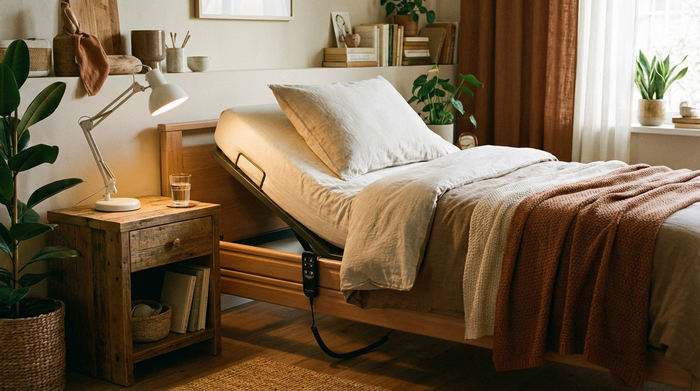 Ein elektrisches Pflegebett in einem gemütlich eingerichteten Schlafzimmer. Das Kopfteil ist leicht aufgerichtet. Auf dem Nachttisch aus Holz steht eine Leselampe und ein Glas Wasser. Harmonische Atmosphäre.