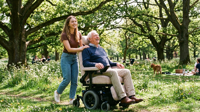 Eine freundliche jüngere Frau schiebt einen älteren Mann in einem komfortablen Rollstuhl durch einen sonnigen, grünen Park mit großen Bäumen. Beide lächeln entspannt und genießen das schöne Wetter.