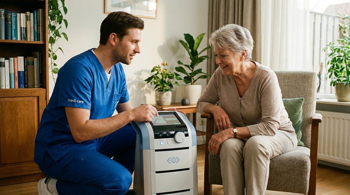 Ein freundlicher Reha-Techniker in gepflegter Arbeitskleidung kniet im Wohnzimmer neben einem medizinischen Gerät und erklärt einer aufmerksamen älteren Dame geduldig die Funktionen. Vertrauensvolle und professionelle Stimmung.