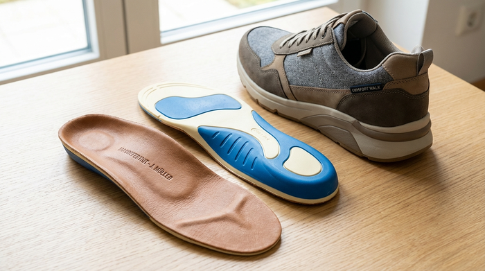 Nahaufnahme von hochwertigen, maßgefertigten orthopädischen Einlagen aus weichem Leder und dämpfendem Kunststoff, die neben einem bequemen, modernen Senioren-Sneaker auf einem hellen Holztisch liegen.