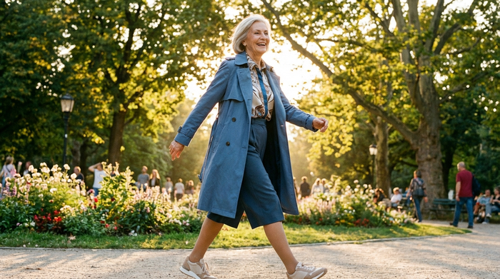 Eine aktive Seniorin in modischer Kleidung spaziert fröhlich durch einen sonnigen Park, sie trägt unauffällige, perfekt sitzende Kompressionsstrümpfe, die wie elegante Feinstrumpfhosen aussehen.