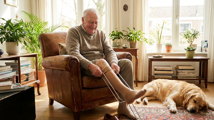 Ein älterer Herr sitzt bequem auf einem Sessel in einem hellen Wohnzimmer und nutzt ein metallenes Anziehgestell, um mühelos in seinen medizinischen Kompressionsstrumpf zu schlüpfen.
