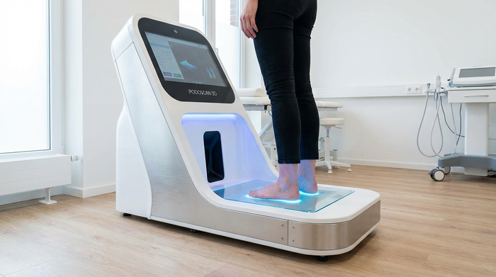 Ein leuchtender, moderner 3D-Fußscanner in einem sauberen Behandlungsraum. Eine Person steht barfuß auf der Glasplatte des Geräts, während sanftes blaues Licht die Fußsohle abtastet.