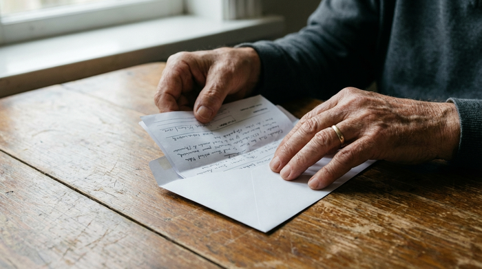 Ein detailliertes Close-Up von Händen eines Seniors, der ein ärztliches Rezept in einen weißen Briefumschlag steckt. Sauberer Holztisch, weiches Licht, realistische Szene ohne lesbaren Text.