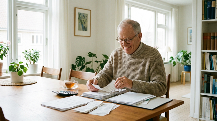 Ein lächelnder älterer Herr mit Brille sortiert an einem Esstisch sorgfältig Quittungen und Belege in einen Ordner. Helles, aufgeräumtes Ambiente mit Tageslicht.