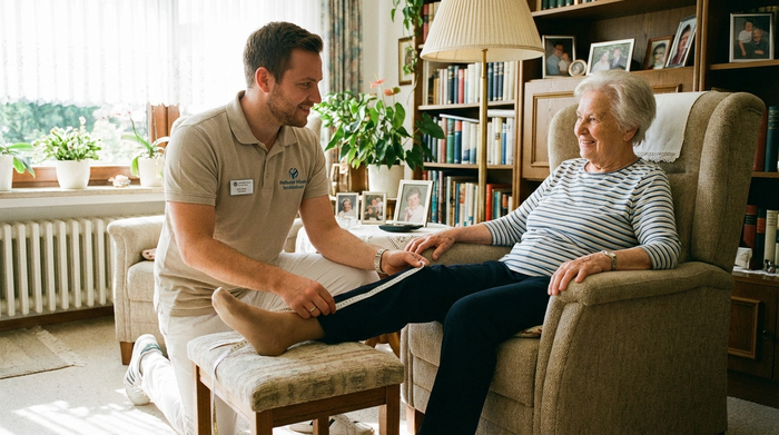 Ein freundlicher Sanitätshaus-Mitarbeiter in professioneller Kleidung misst mit einem Maßband das Bein einer sitzenden Seniorin im heimischen Wohnzimmer aus. Vertrauensvolle, ruhige Stimmung.