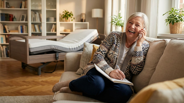 Eine ältere Frau telefoniert entspannt auf dem Sofa und macht sich Notizen in einem kleinen Buch. Ein modernes Pflegebett ist dezent im Hintergrund angedeutet.