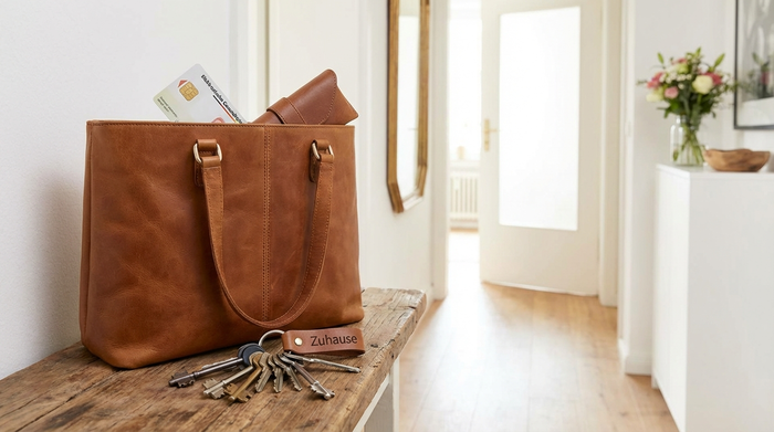 Eine gut organisierte Handtasche auf einem Flurtisch, aus der eine elektronische Gesundheitskarte und ein Brillenetui herausschauen. Ein Schlüsselbund liegt daneben.