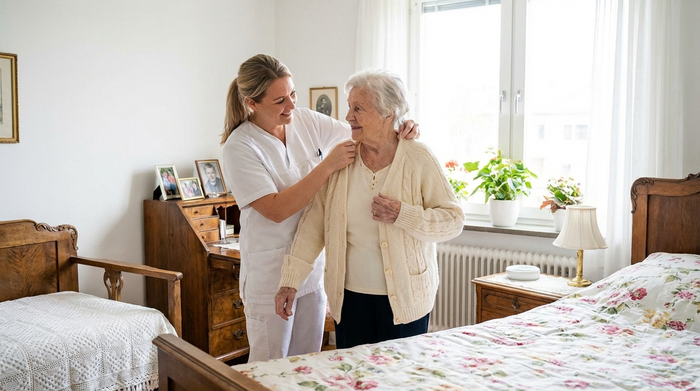 Eine sympathische Pflegekraft hilft einer älteren Dame behutsam beim Anziehen einer weichen Strickjacke in einem hellen, aufgeräumten Schlafzimmer.