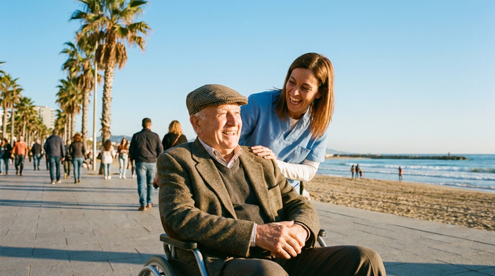 Ein lächelnder älterer Herr im Rollstuhl wird von einer engagierten Pflegekraft bei einem Spaziergang an einer sonnigen Promenade begleitet, entspannte und fröhliche Stimmung.