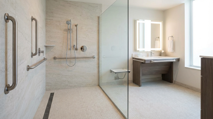 Ein modernisiertes, barrierefreies Badezimmer mit einer großzügigen, bodengleichen Dusche, stabilen Haltegriffen an den Wänden und einem rutschfesten hellen Fliesenboden.