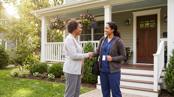 Zwei Frauen, eine professionelle Pflegekraft und eine erleichterte Angehörige, schütteln sich lächelnd die Hände an der Haustür eines gepflegten Einfamilienhauses, vertrauensvolle Geste.