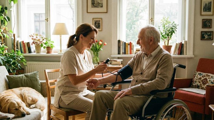 Eine einfühlsame Pflegekraft misst den Blutdruck eines älteren Herrn im Rollstuhl in einem lichtdurchfluteten Wohnzimmer. Beide wirken entspannt und lächeln.