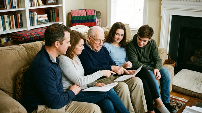 Eine Familie sitzt gemeinsam mit einem älteren Angehörigen auf einem gemütlichen Sofa und bespricht Dokumente. Sie wirken konzentriert und unterstützend.