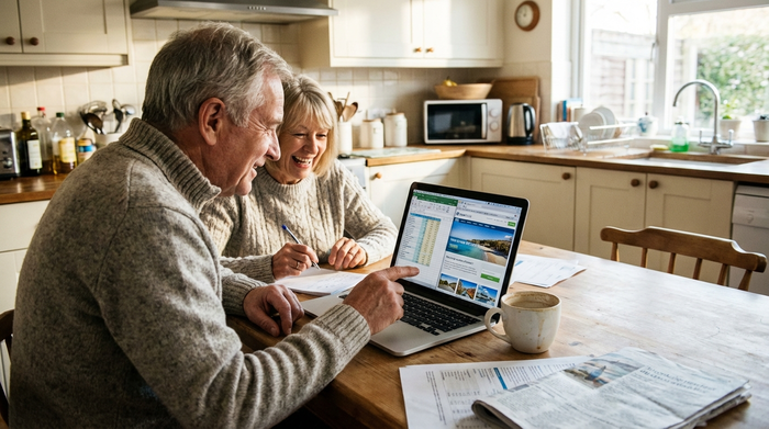 Ein älteres Ehepaar sitzt vor einem Laptop am Esstisch und plant entspannt die Finanzen. Eine Tasse Kaffee steht neben dem Rechner.