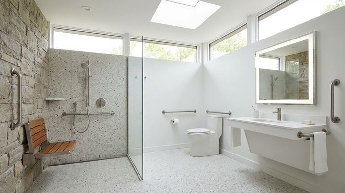 Ein modernes, helles und barrierefreies Badezimmer mit einer bodengleichen Dusche, eleganten Haltegriffen und rutschfesten Fliesen. Ein klappbarer Duschsitz ist an der Wand montiert.