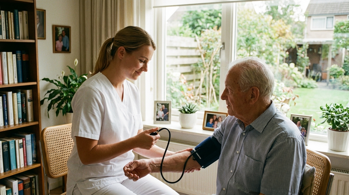 Eine professionelle Pflegekraft in weißer Kleidung misst sanft den Blutdruck eines älteren Herrn in seinem gepflegten Zuhause. Helles Tageslicht, vertrauensvolle Stimmung, realistische Szene.