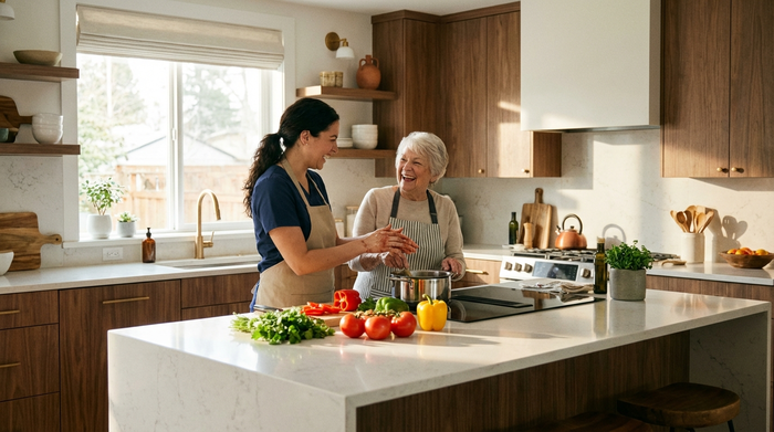 Eine freundliche Betreuungskraft und eine ältere Dame kochen gemeinsam in einer modernen, sauberen Küche. Frisches Gemüse liegt auf der Arbeitsplatte. Beide lachen, warme und familiäre Atmosphäre.