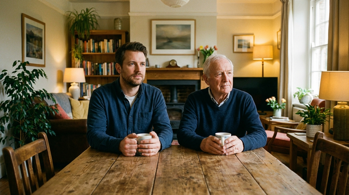 Ein erwachsener Sohn sitzt mit seinem älteren Vater an einem Holztisch, beide schauen nachdenklich, aber zuversichtlich. Eine gemütliche Wohnzimmeratmosphäre im Hintergrund, weiches Licht.