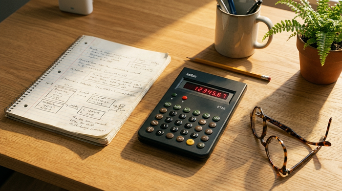 Ein detaillierter Taschenrechner neben einem Notizblock und einer Lesebrille auf einem aufgeräumten Holzschreibtisch. Sanftes Sonnenlicht fällt auf den Tisch. Ordentliches, realistisches Setting ohne Text.