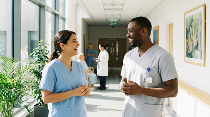 Zwei Pflegekräfte in moderner, heller Dienstkleidung unterhalten sich lächelnd auf dem Flur einer gepflegten Einrichtung. Freundliche, professionelle Arbeitsatmosphäre, realistischer Fotostil.