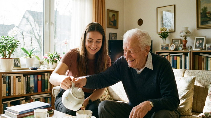 Eine freundliche, junge Betreuungskraft hilft einem lächelnden Senior beim Einschenken von Tee im eigenen, gemütlichen Wohnzimmer. Helle, freundliche Umgebung, realistisch.