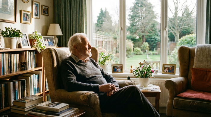 Ein älterer Herr mit weißem Haar blickt leicht nachdenklich, aber entspannt aus dem Fenster eines gemütlichen Pflegeheims. Sanftes Sonnenlicht fällt in den Raum. Friedliche, sichere Umgebung ohne störende Elemente, fotorealistisch.