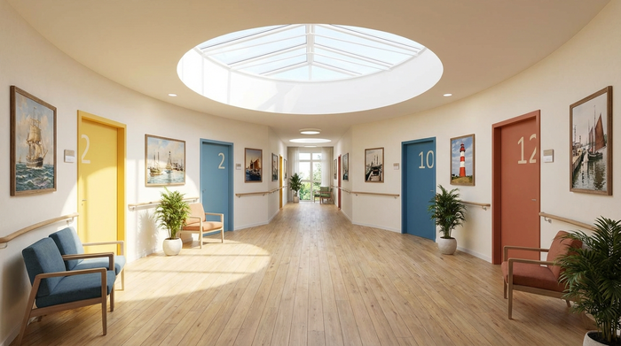 Ein heller, freundlicher Flur in einer Pflegeeinrichtung mit kreisförmigem Grundriss. An den Wänden hängen nostalgische maritime Bilder von Bremerhaven. Farbige Türen zur besseren Orientierung, saubere und einladende Architektur, fotorealistisch.