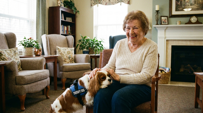 Eine fröhliche ältere Frau streichelt liebevoll einen kleinen Therapiehund, der seinen Kopf auf ihren Schoß legt. Warme, emotionale Szene in einem gemütlichen Aufenthaltsraum, realistische Darstellung, keine Texte.