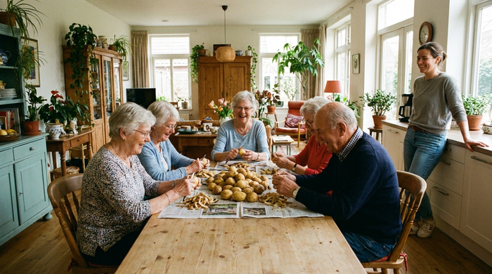 Eine kleine Gruppe von Senioren sitzt gemeinsam am Tisch einer hellen, offenen Wohnküche und schält Kartoffeln. Eine Pflegekraft lächelt im Hintergrund. Familiäre, wohnliche Atmosphäre, fotorealistische Szene.