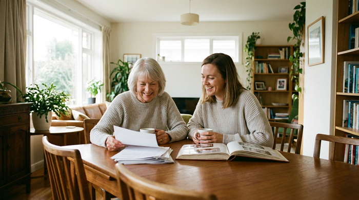 Eine ältere Dame sitzt gemeinsam mit ihrer erwachsenen Tochter am Esstisch und schaut entspannt auf Dokumente. Die Stimmung ist erleichtert und harmonisch. Helles Wohnzimmer, realistisches Setting.