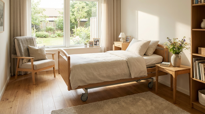 Ein modern eingerichtetes, gemütliches Zimmer in einer Kurzzeitpflegeeinrichtung. Ein frisch gemachtes Pflegebett mit heller Bettwäsche, daneben ein kleiner Holztisch mit einer Blumenvase und einem bequemen Sessel. Tageslicht fällt durch große Fenster.