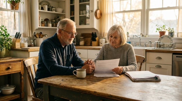 Ein älteres Ehepaar sitzt gemeinsam am Küchentisch und betrachtet nachdenklich, aber ruhig einige Dokumente. Eine Tasse Kaffee steht auf dem Tisch. Die Atmosphäre ist vertraut und ordentlich, sanftes Morgenlicht.