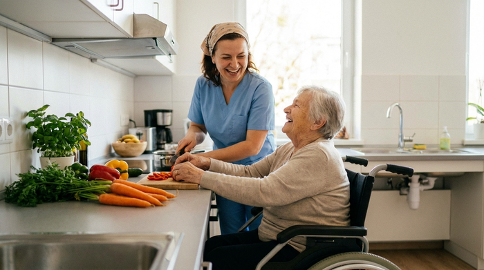 Eine freundliche osteuropäische Betreuungskraft kocht gemeinsam mit einer lächelnden Seniorin in einer sauberen, barrierefreien Küche. Frisches Gemüse liegt auf der Arbeitsplatte. Harmonische, alltägliche Situation.