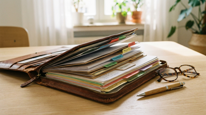 Eine ordentlich sortierte Dokumentenmappe liegt aufgeschlagen auf einem hellen Holztisch. Daneben liegen eine Lesebrille und ein Kugelschreiber. Fokus auf die organisierte Struktur der Papiere, unscharfer Hintergrund.